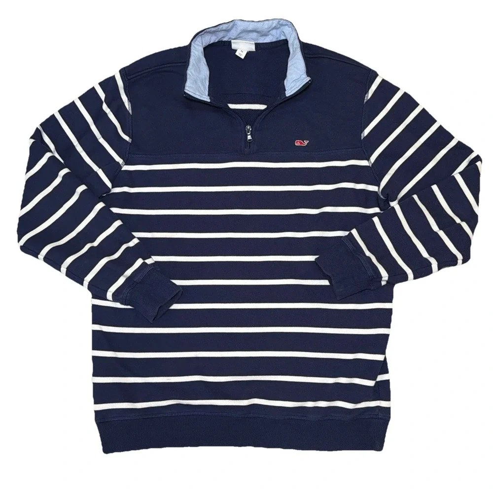 Vineyard Vines Target Mens Cotton Blue Striped Pullover 1/4 Zip Sweater Med